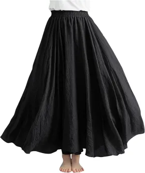 XUNRYAN Linen Maxi Skirt Womens Summer Bohemian Long Skirt Cotton Elastic High Waisted Flowy Pleated Skirts Vacation Outfit