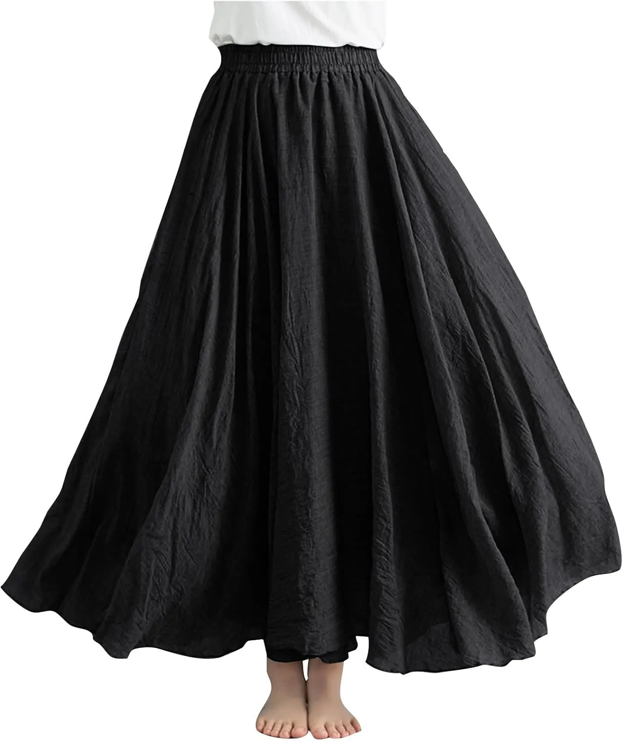 XUNRYAN Linen Maxi Skirt Womens Summer Bohemian Long Skirt Cotton Elastic High Waisted Flowy Pleated Skirts Vacation Outfit