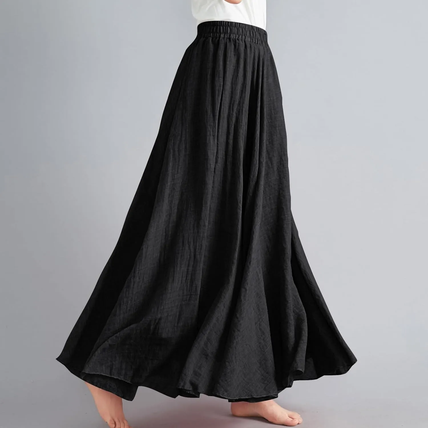 XUNRYAN Linen Maxi Skirt Womens Summer Bohemian Long Skirt Cotton Elastic High Waisted Flowy Pleated Skirts Vacation Outfit