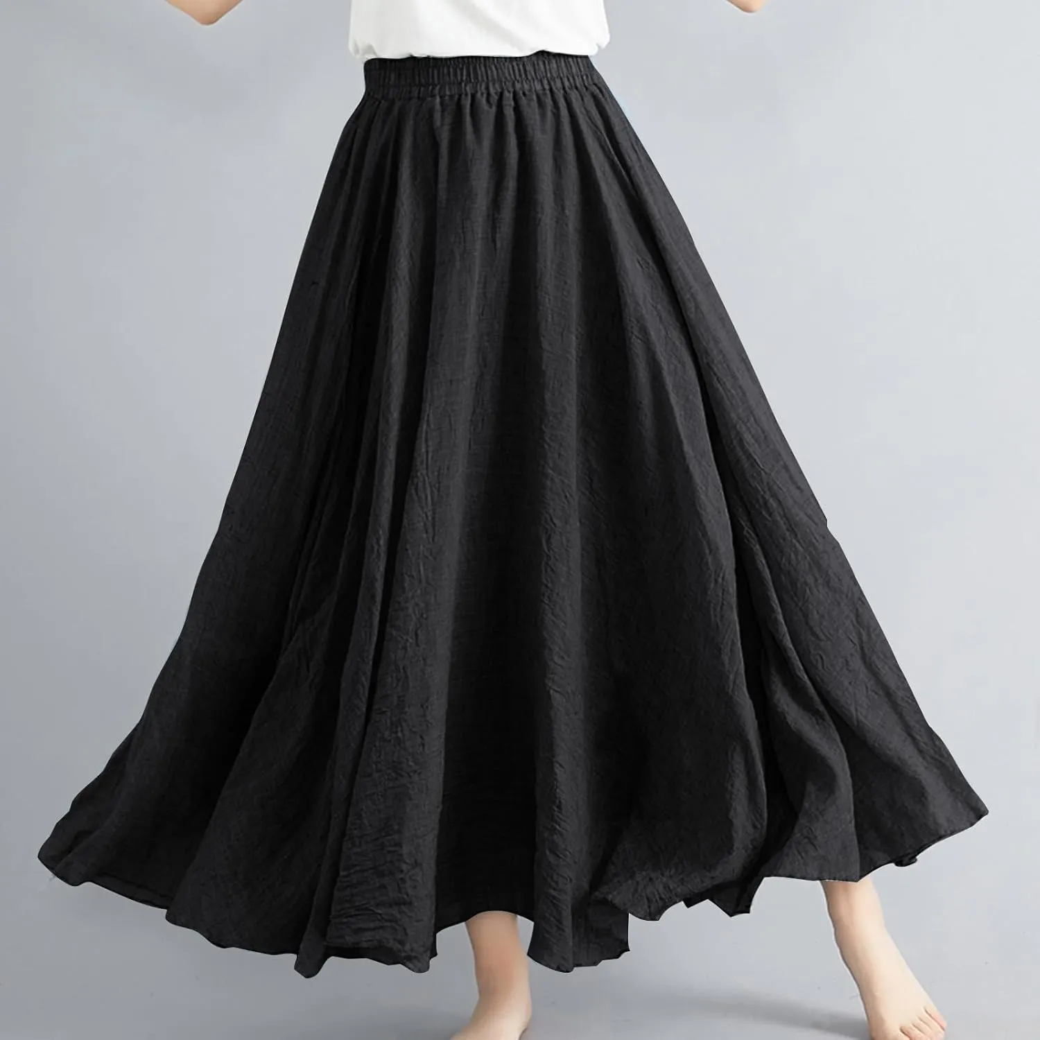 XUNRYAN Linen Maxi Skirt Womens Summer Bohemian Long Skirt Cotton Elastic High Waisted Flowy Pleated Skirts Vacation Outfit