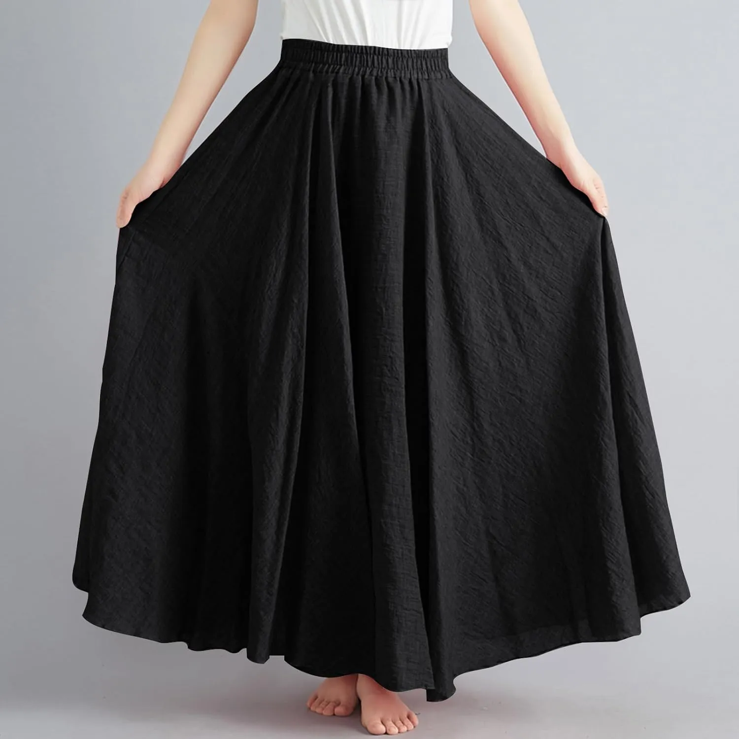 XUNRYAN Linen Maxi Skirt Womens Summer Bohemian Long Skirt Cotton Elastic High Waisted Flowy Pleated Skirts Vacation Outfit