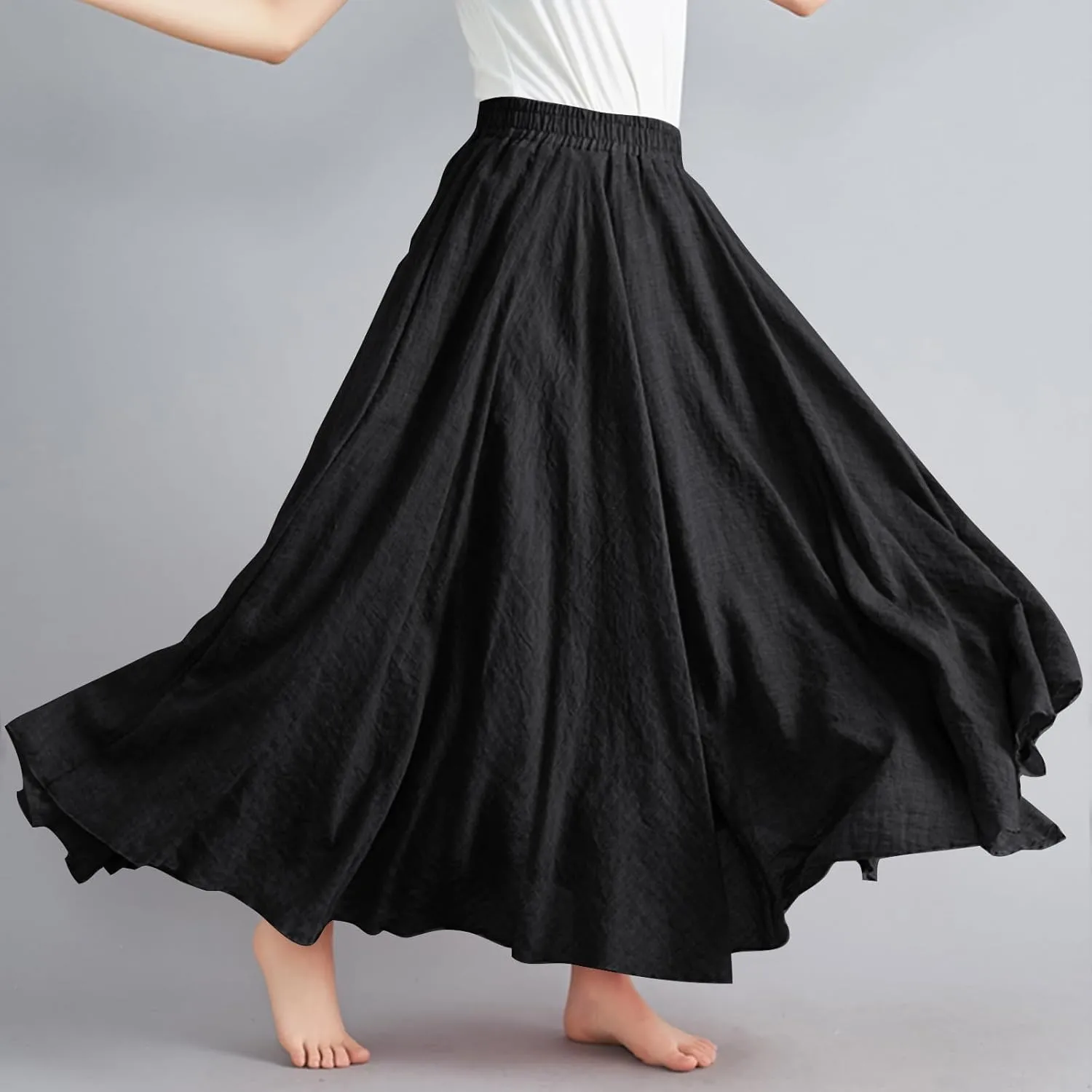 XUNRYAN Linen Maxi Skirt Womens Summer Bohemian Long Skirt Cotton Elastic High Waisted Flowy Pleated Skirts Vacation Outfit
