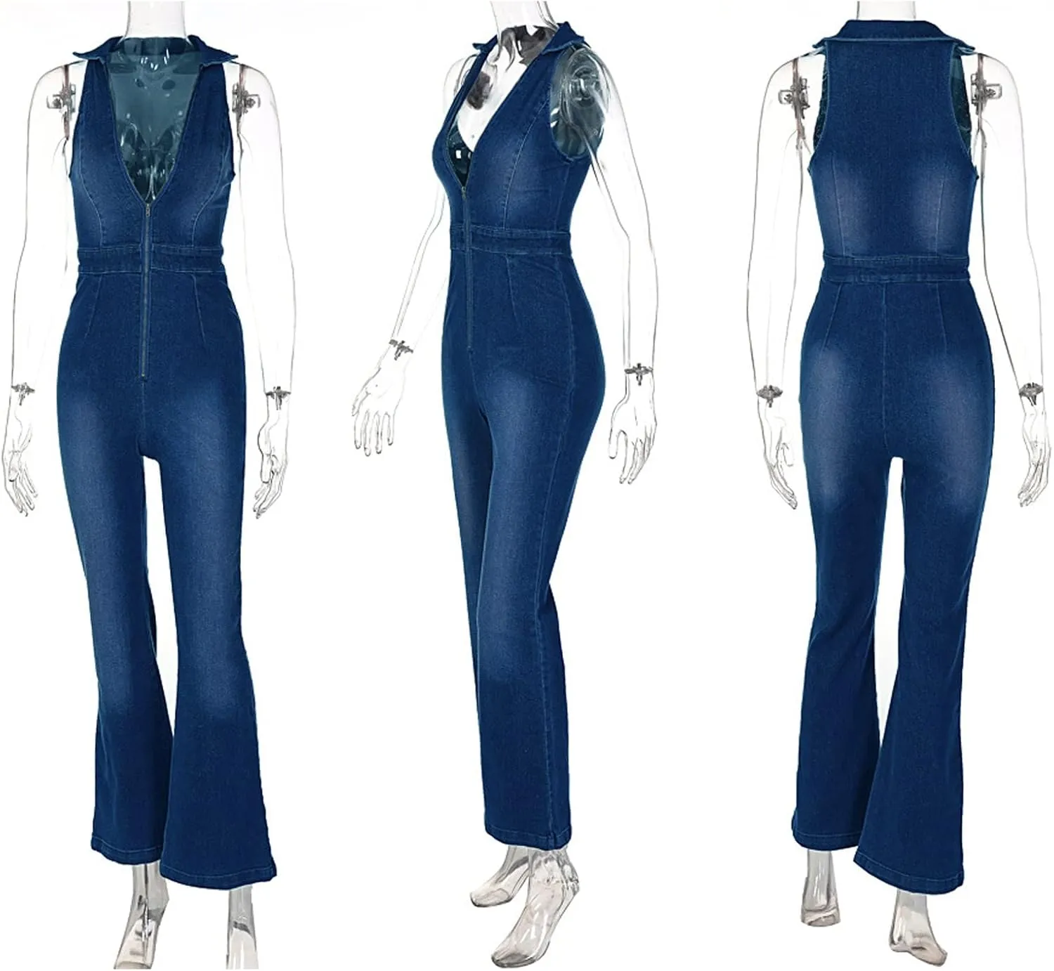 xxxiticat Women's Sleeveless Denim Romper Summer Casual Retro One Piece V-Neck Dressy Flare Pants Jean Overall Jumpsuit