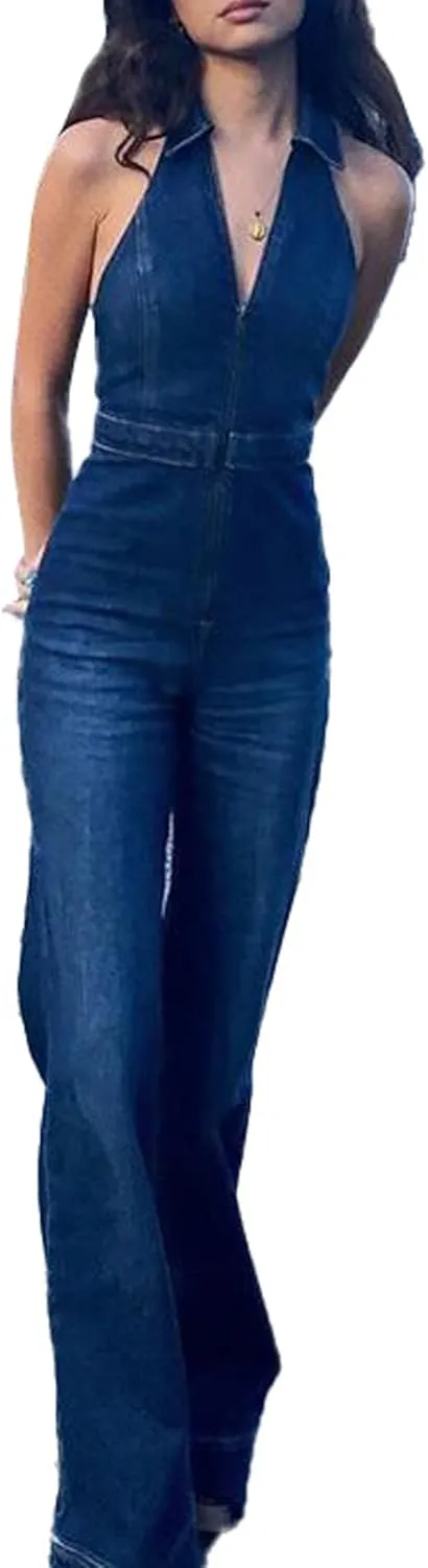 xxxiticat Women's Sleeveless Denim Romper Summer Casual Retro One Piece V-Neck Dressy Flare Pants Jean Overall Jumpsuit