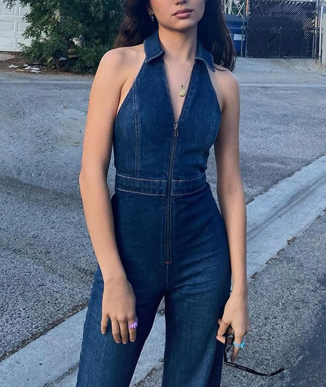 xxxiticat Women's Sleeveless Denim Romper Summer Casual Retro One Piece V-Neck Dressy Flare Pants Jean Overall Jumpsuit