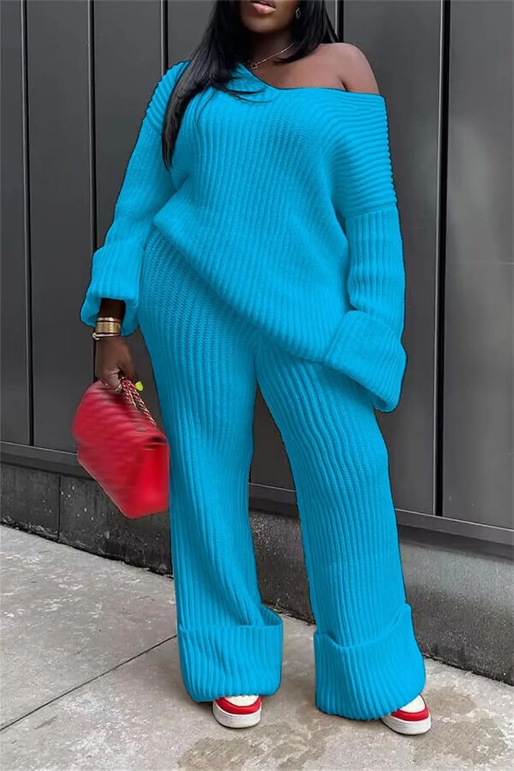 YOOTIKO Women 2 Piece Outfit Comfy Knit Set V Neck Top Wide Leg Pants Fall Casual Sweater Track Suit