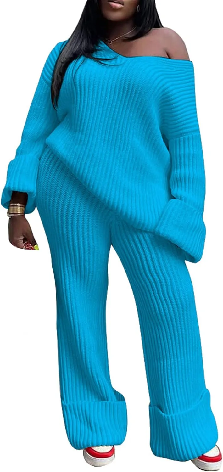YOOTIKO Women 2 Piece Outfit Comfy Knit Set V Neck Top Wide Leg Pants Fall Casual Sweater Track Suit