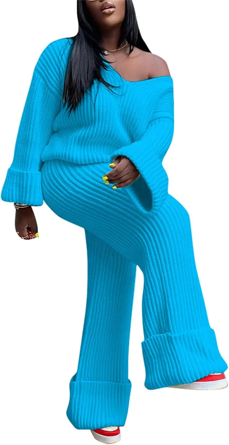 YOOTIKO Women 2 Piece Outfit Comfy Knit Set V Neck Top Wide Leg Pants Fall Casual Sweater Track Suit