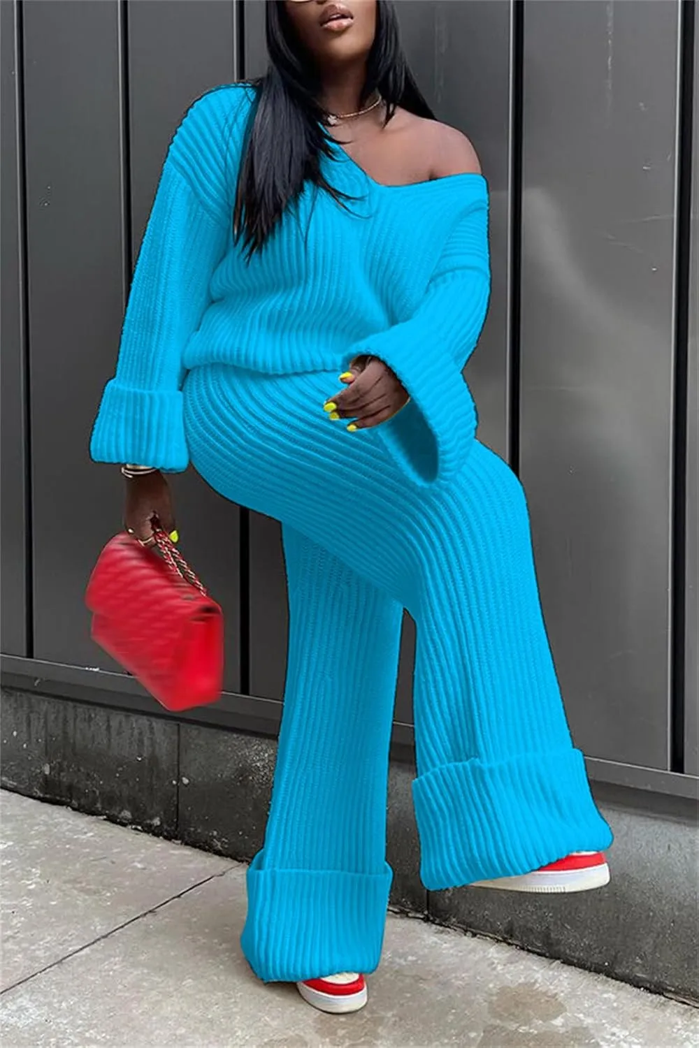YOOTIKO Women 2 Piece Outfit Comfy Knit Set V Neck Top Wide Leg Pants Fall Casual Sweater Track Suit