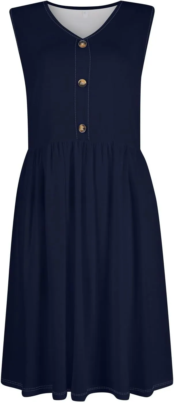 YUTANRAL Summer Dresses for Women 2025 Trendy Button Down V Neck Sleeveless Casual Loose Midi Tank Dress Resort Wear